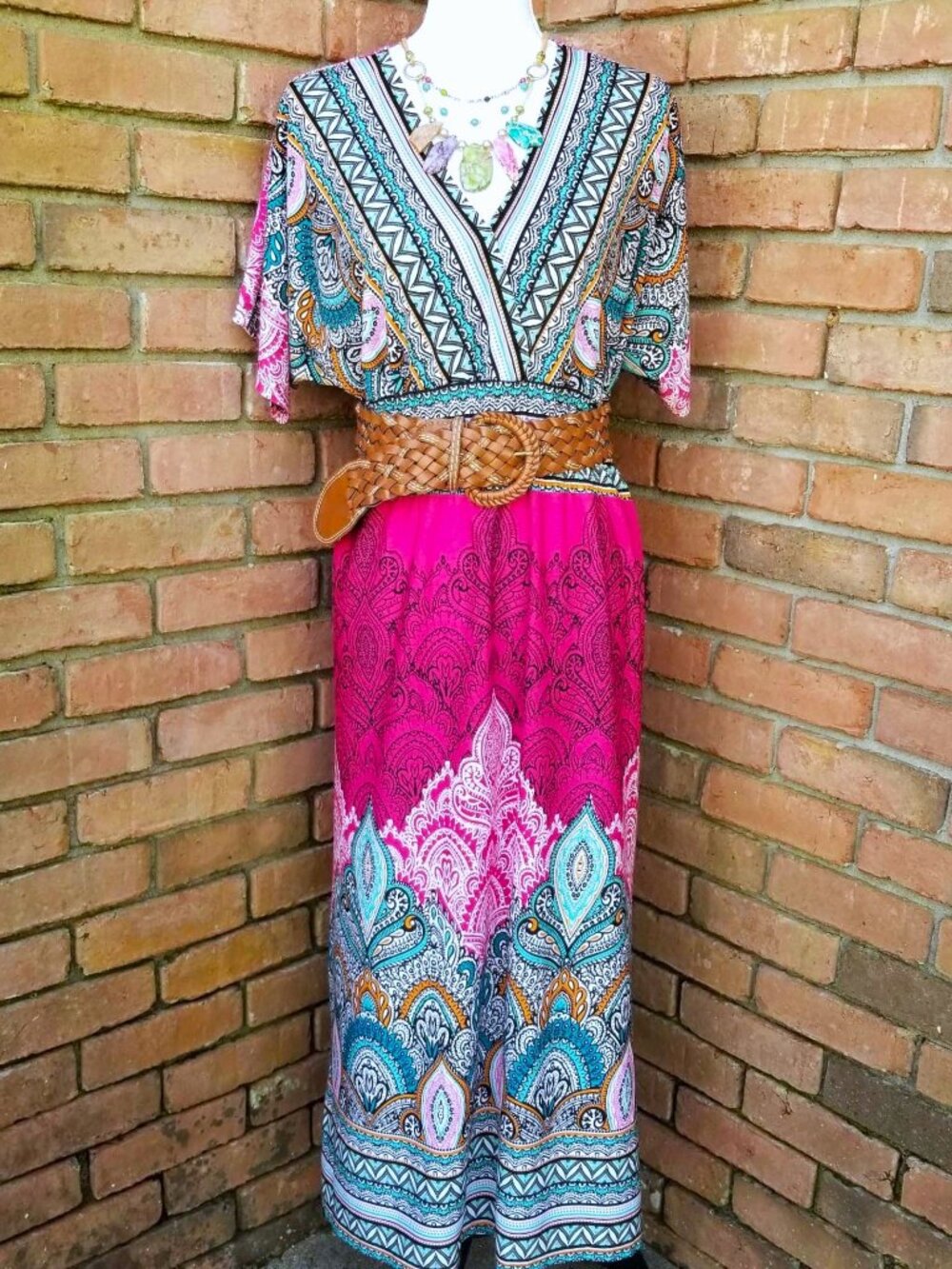 Boho Paisley Maxi Dress Pink Turquoise V-Neck Festival Resort Summer Dress Sz L - Picture 3 of 12